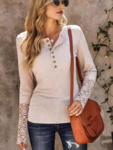 Load image into Gallery viewer, Lace Detail Half Button Round Neck Long Sleeve T-Shirt
