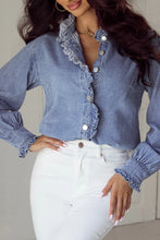 Load image into Gallery viewer, Frill Button Up Long Sleeve Denim Top
