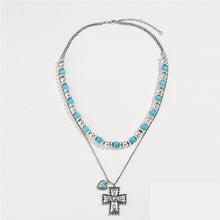 Load image into Gallery viewer, Artificial Turquoise Beaded Double-Layered Cross Necklace
