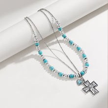 Load image into Gallery viewer, Artificial Turquoise Beaded Double-Layered Cross Necklace
